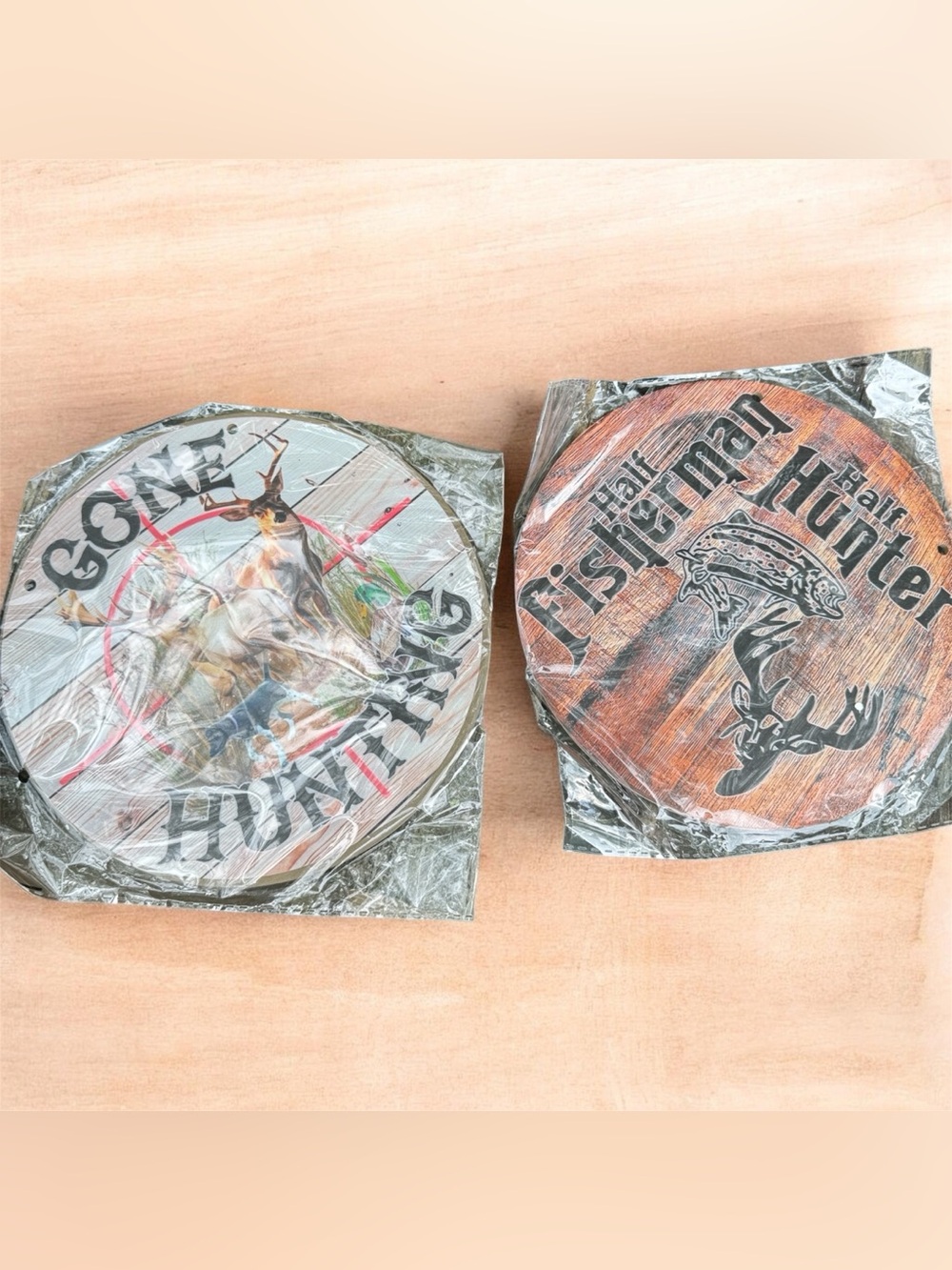 Round Wooden 'Gone Hunting' & 'Fisherman Hunter' Wall Signs - Brown